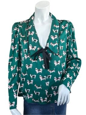 Zara Novelty Hound Dog Print Green Satin Peter Pan Collar Blouse Medium